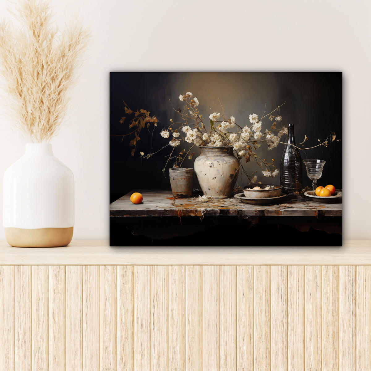 LEINWANDBILD Stilleben - Blumen - Blumenstrauß - Vase - Wein 40x30 cm - Schwarz, Textil (40/30cm) - MuchoWow