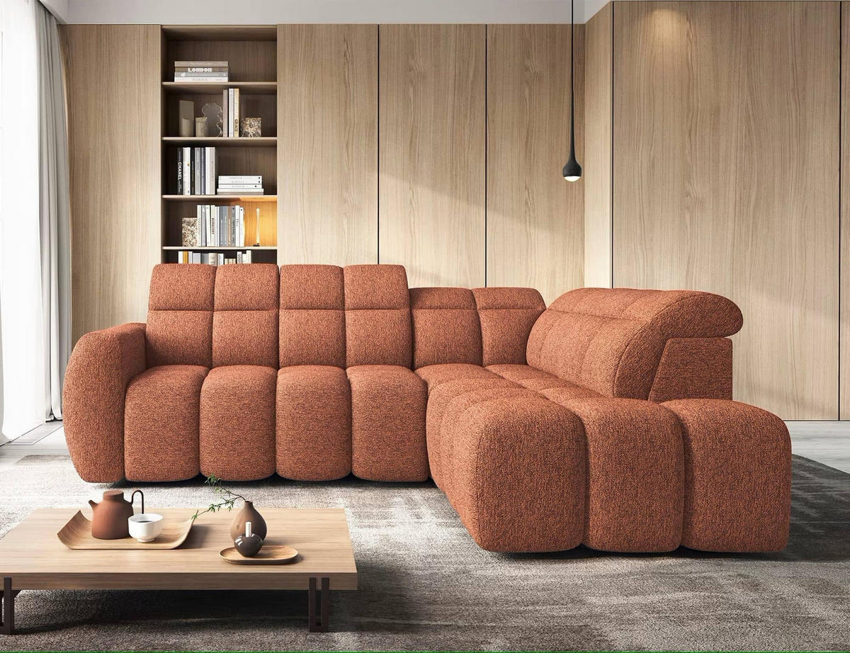 ECKSOFA mit elektrischem Sitzvorschub, Bettkasten und verstellbare Kopflehnen - Orange, Naturmaterialien/Textil (208/258cm) - Eltap
