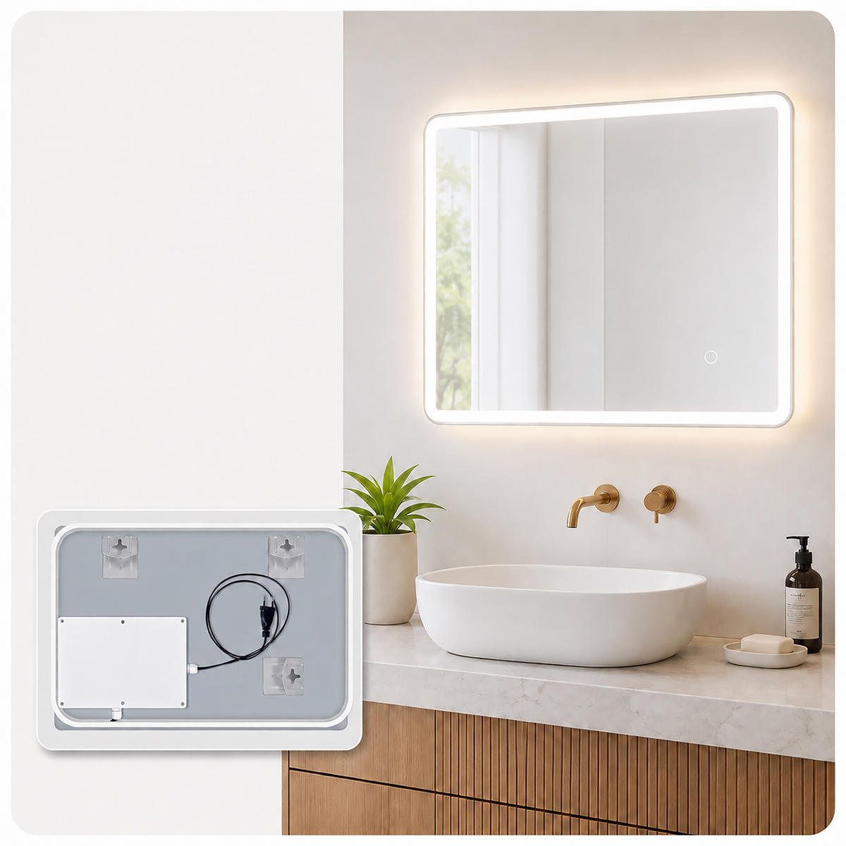 BADSPIEGEL Silber LED 60x40 cm - Transparent, Glas/Holzwerkstoff (40/60/3cm) - Relaxdays