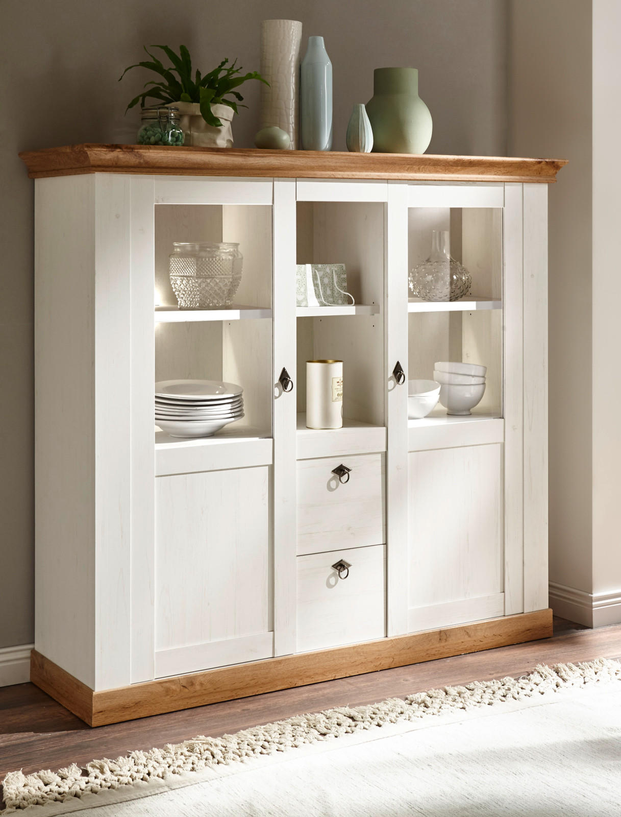 HIGHBOARD weiß Pinie, Eiche Wotan, Landhaus Buffet 148 x 140 cm - Silberfarben/Eiche Wotan, Glas/Holzwerkstoff (148/139/44cm) - Furn.Design