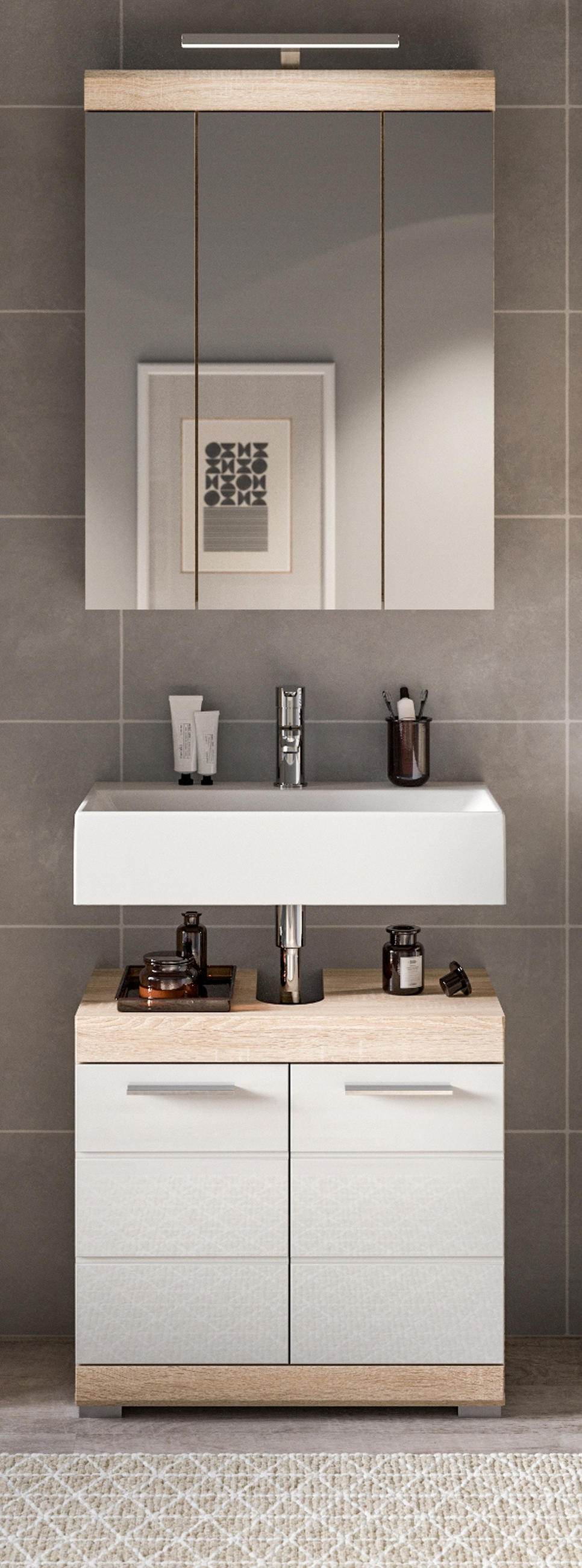 BADMÖBEL-SET weiß Hochglanz, Eiche 2-teilig 60 cm, Kombination mit 11 Fächern - Weiß Hochglanz/Eichefarben, Holzwerkstoff (60/191/34cm) - Inn.Furn