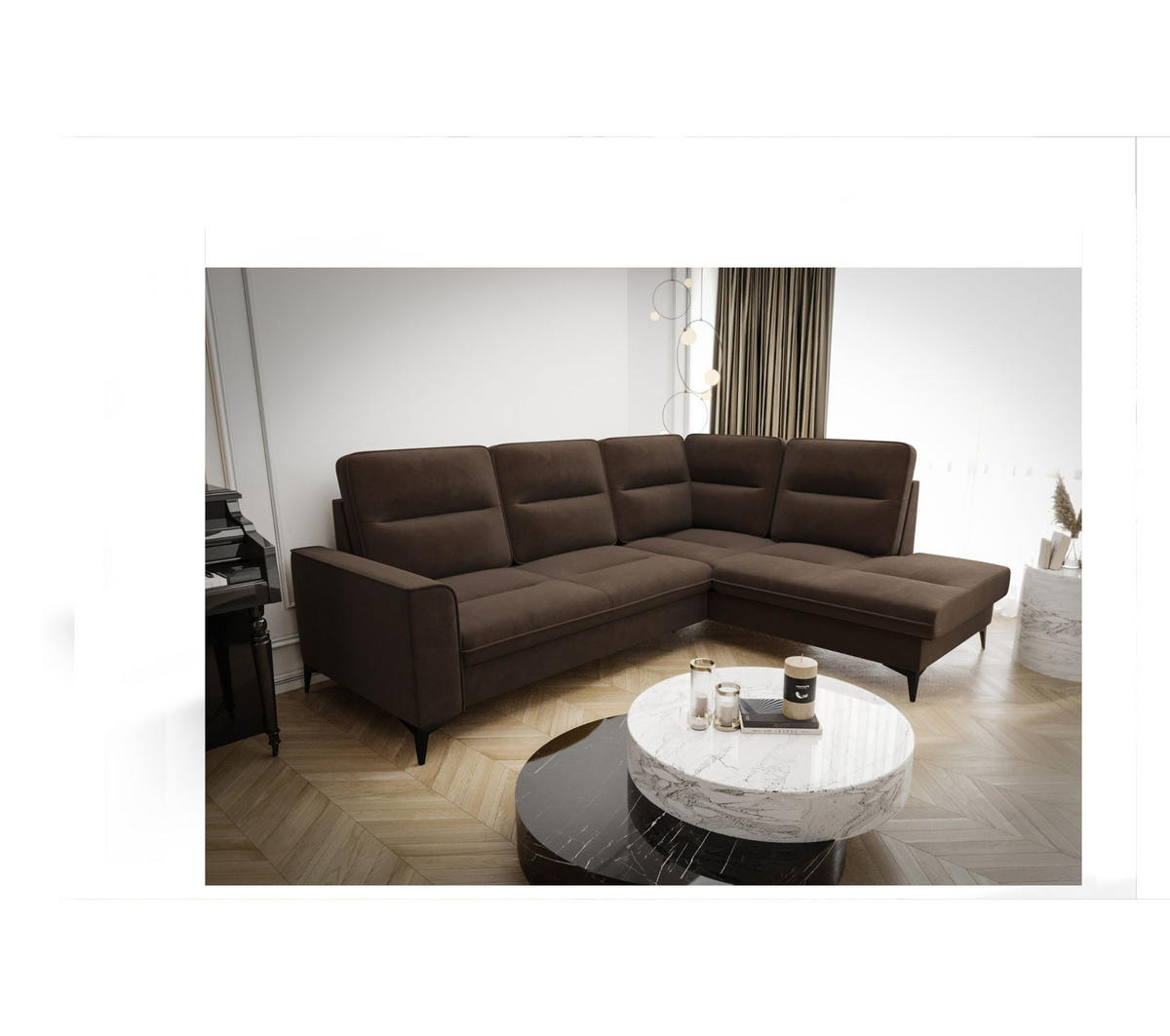 ECKSOFA KONGO RBN14, Eckcouch in L-Form mit Schlaffunktion, Farbe: Dunkelbraun, Velourstoff, Ottomane Rechts - Dunkelbraun, Textil (260/200cm) - O-Sofa