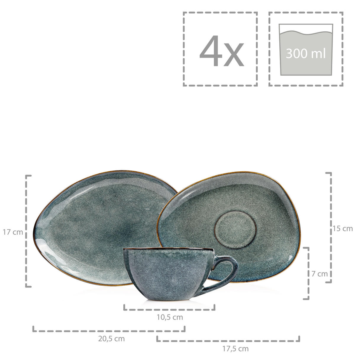 KAFFEESERVICE DARWIN für 4 Personen aus Steingut - Blau, Keramik (26/34/24.75cm) - Sänger