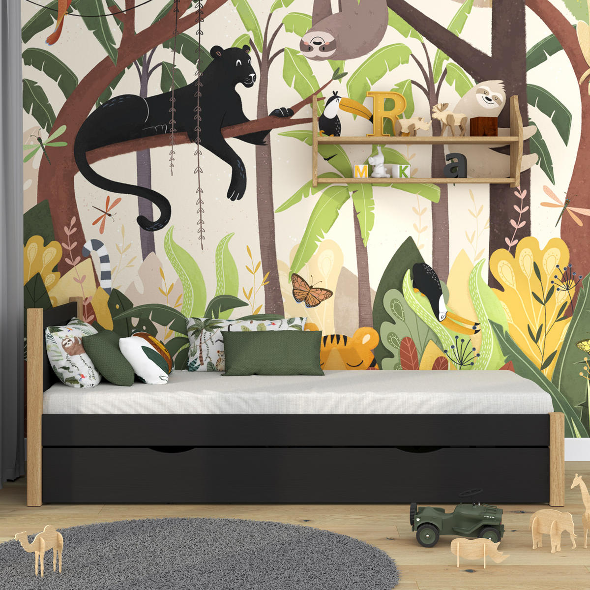 BETT mit Schublade N02 Schwarz / Eiche Natur 120/180 - Schwarz/Eiche Artisan, Naturmaterialien/Holz (120/180cm) - N-Wood