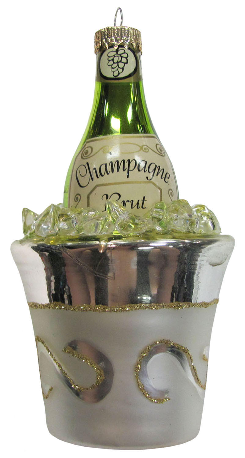 CHRISTBAUMSCHMUCK Champagner mit Kühler Silberfarbig 13cm (Glas / 1 Stk.) - Silberfarben, Glas (7/13/7cm) - Krebs Glas Lauscha