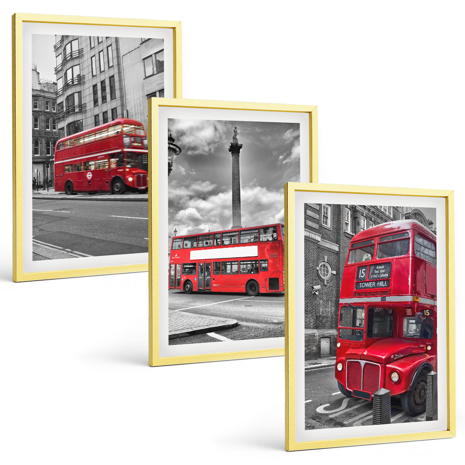 BILDER SET 3er Set - 40x60 cm Goldrahmen - Rote Busse in London - Goldfarben, Kunststoff (40/60cm) - TULUP