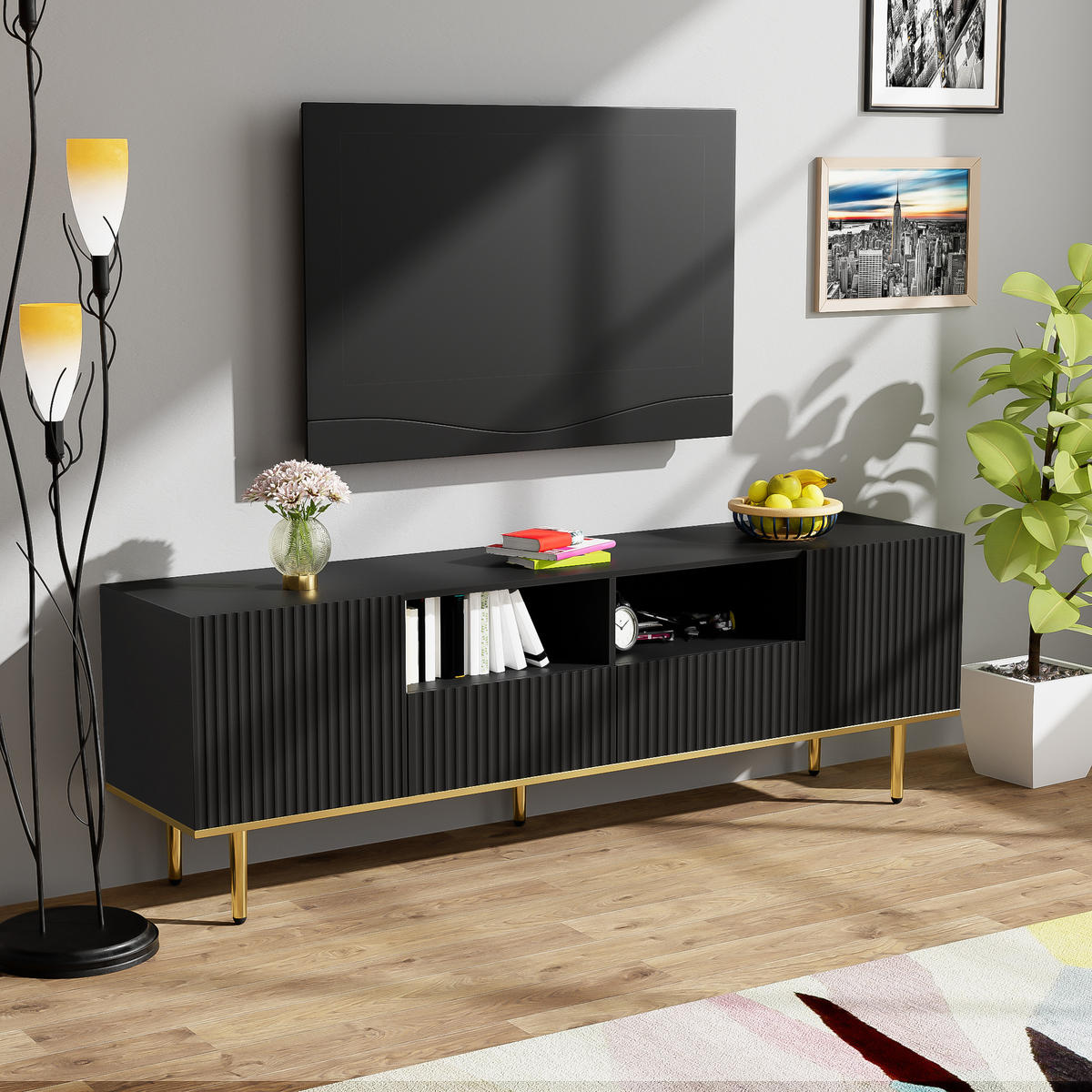 TV-RACK Holz 165x36x55cm SchwarzGold mit Schubladen und goldenen Füßen - Schwarz, Holz (43/19.5/97cm) - Raelunyi