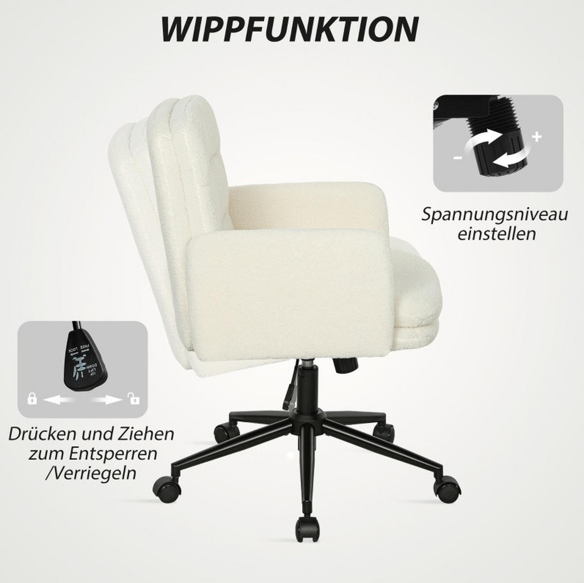 BÜROSTUHL in Cremeweiß 61,5x65x101 cm mit Kippfunktion, höhenverstellbar und drehbar - Creme, Textil (65/101/61.5cm) - IVMEU
