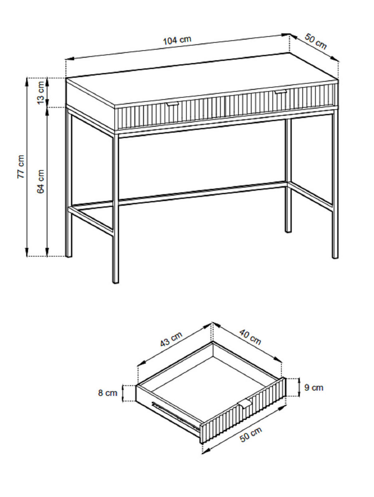 SCHMINKTISCH mit Schublade 100 cm Galla, Geriffelte Fronten, Weiß + Gold - Goldfarben/Weiß, Holz (104/77/50cm) - Emporius