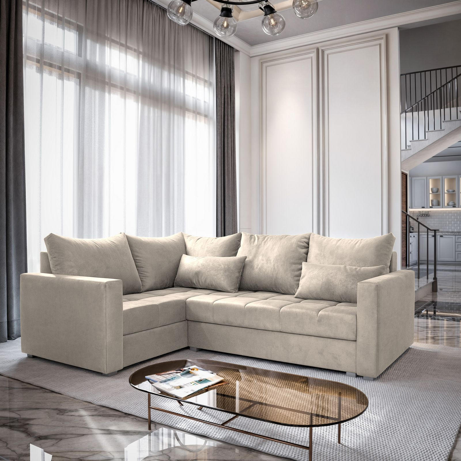 ECKSOFA LIRENO L-S Beige Plüsch-Stoff mit Schlaffunktion - Beige, Holz (220/153cm) - MASSENO