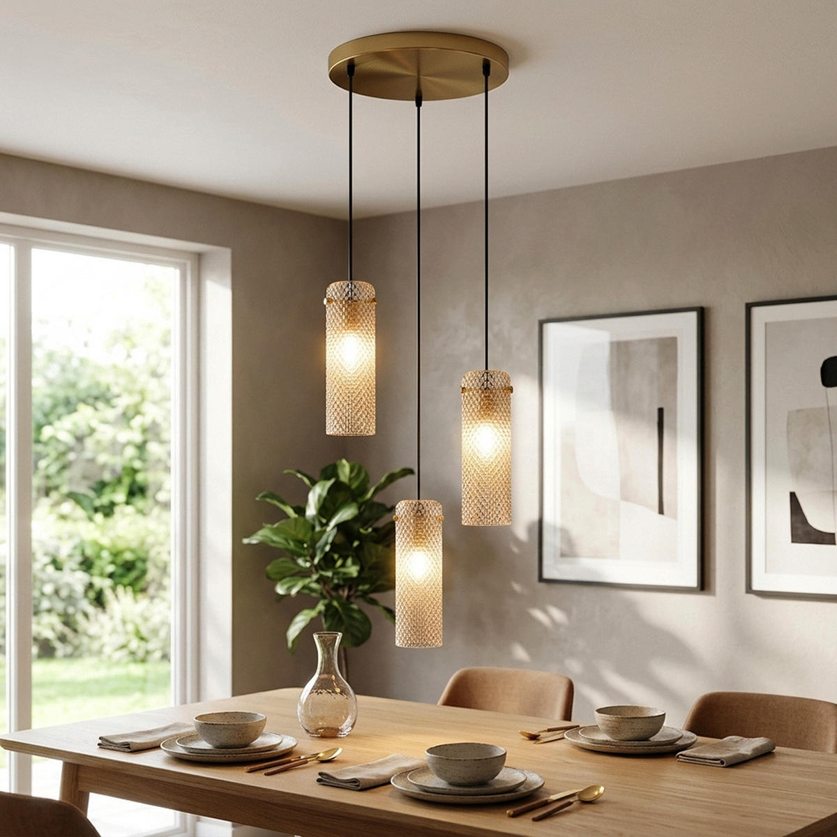 PENDELLEUCHTE Metall, Gold, Amberglas, 3-flammig - Goldfarben, Glas (35/35/120cm) - Globo Lighting