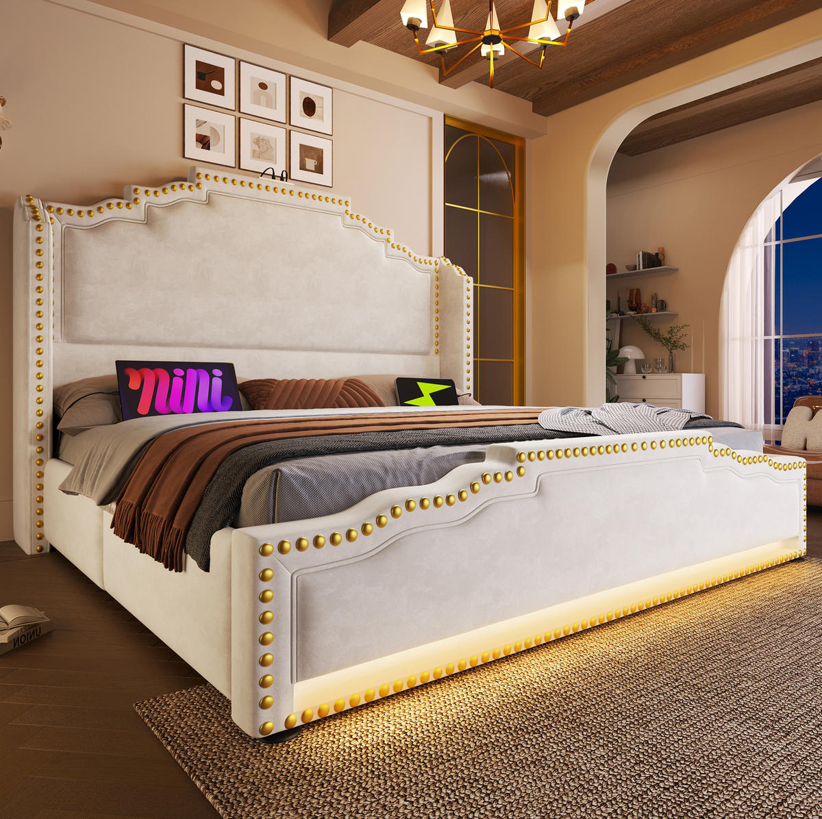 OBLAZINJENA postelja 140/200 cm s 4 predali, LED osvetlitvijo, USB in Type-C priključkom, žamet, Bež - bež, tekstil (140/200cm) - Redom