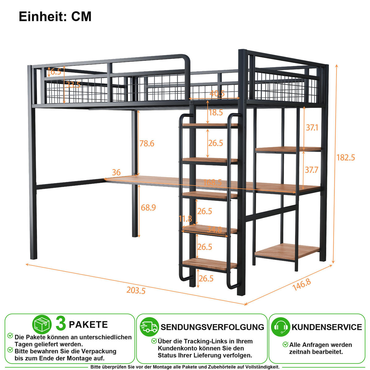 HOCHBETT 140/200 cm in Schwarz mit Treppe, Tisch und Regal - Schwarz, Metall (140/200cm) - CHICFURN
