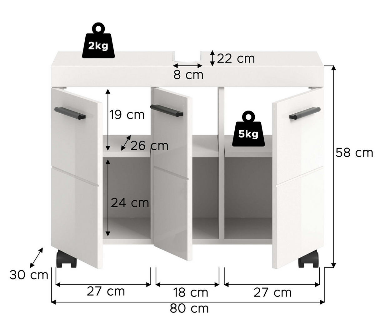 WASCHBECKENUNTERSCHRANK auf Rollen NOVA (B/H/T: ca. 80/58/30 cm) in Weiß/weiß hochglanz - Weiß, Holzwerkstoff (80/58/30cm)
