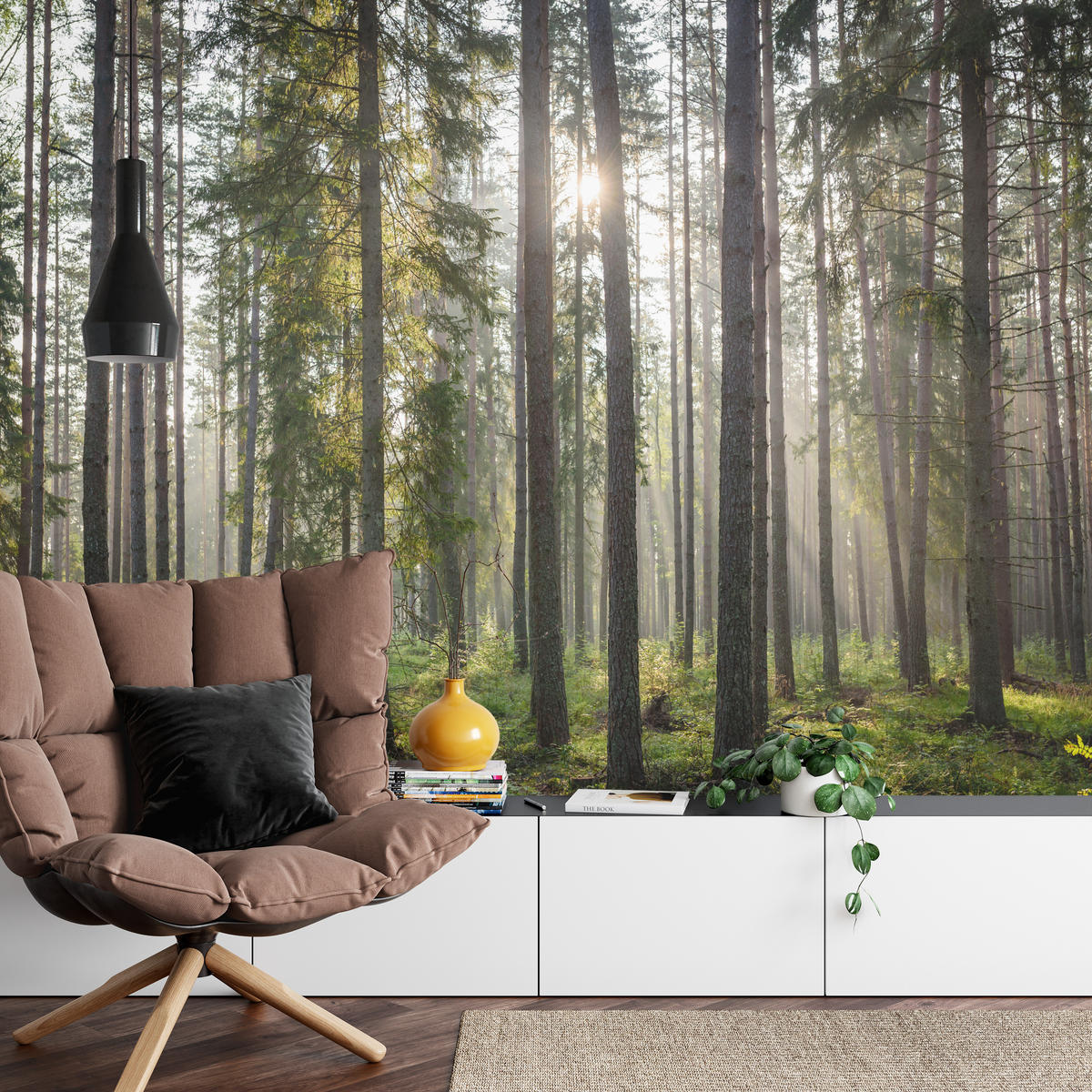 FOTOTAPETA Pre Obývaciu Izbu LES Východ Slnka Mach Stromy Zelená 150 x 105 cm - hnedá/sivá, papier (150/105cm) - Muralo