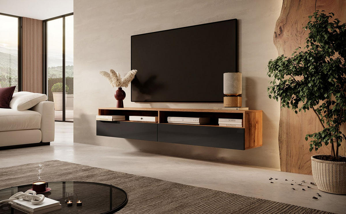 TV-LOWBOARD Rednaw mit LED Eiche/Schwarz Hochglanz 180 cm - Grau, Holzwerkstoff (180/30/31cm) - Selsey