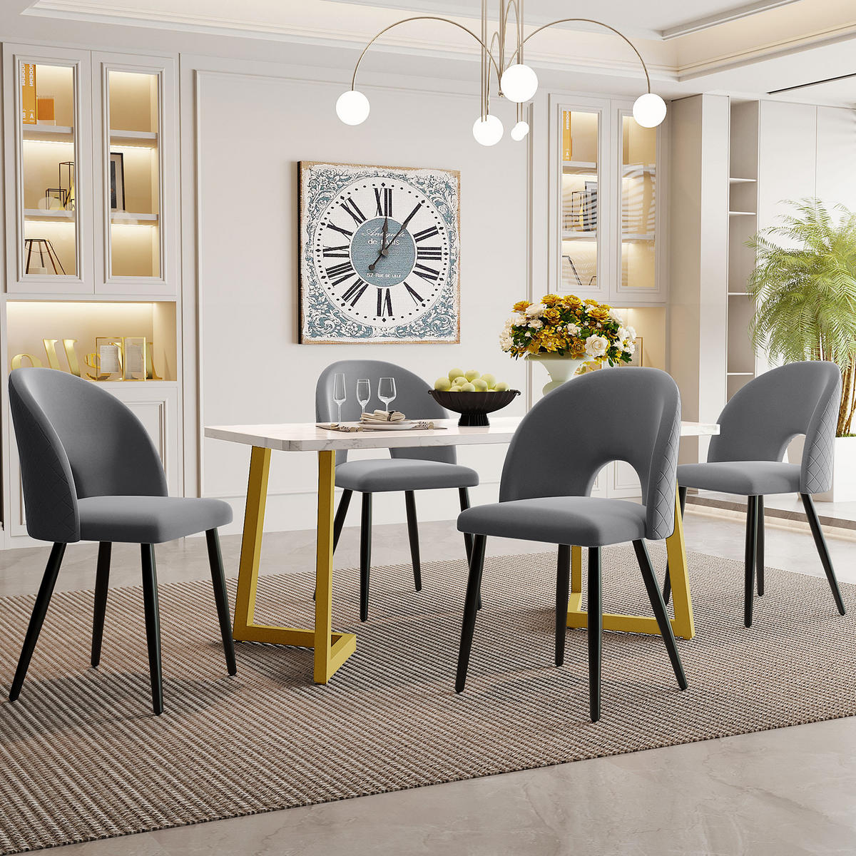 ESSGRUPPE Esstisch 4 Stühle Samt Grau Gold 117x68cm - Grau, Textil (117/75/68cm) - FLIEKS