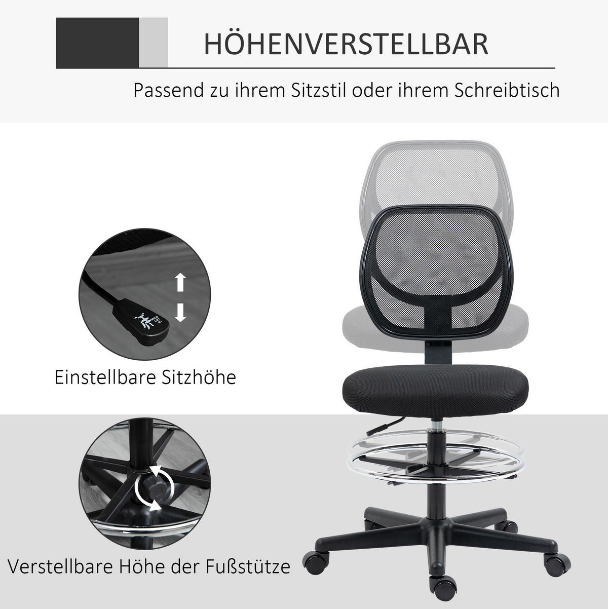 STUHL 59/61/93-113 cm, höhenverstellbar (Sitz 50–70 cm), Mesh-Rücken, Schaumstoffpolster, schwarz - Schwarz, Kunststoff (61/113/59cm) - Redom