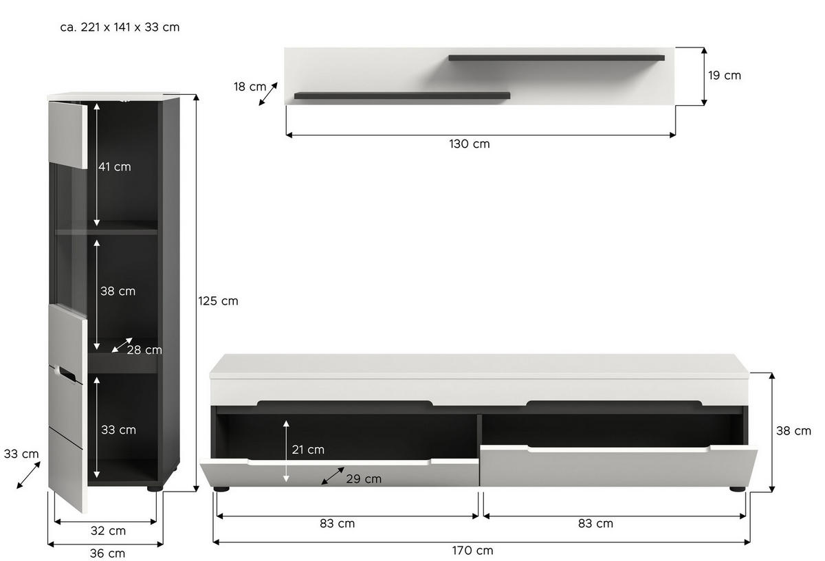 WOHNWAND Nova 3 tlg. (B/H/T: ca. 221/141/33 cm) in Basalt grau/weiß - Grau, Holzwerkstoff (221/141/33cm)
