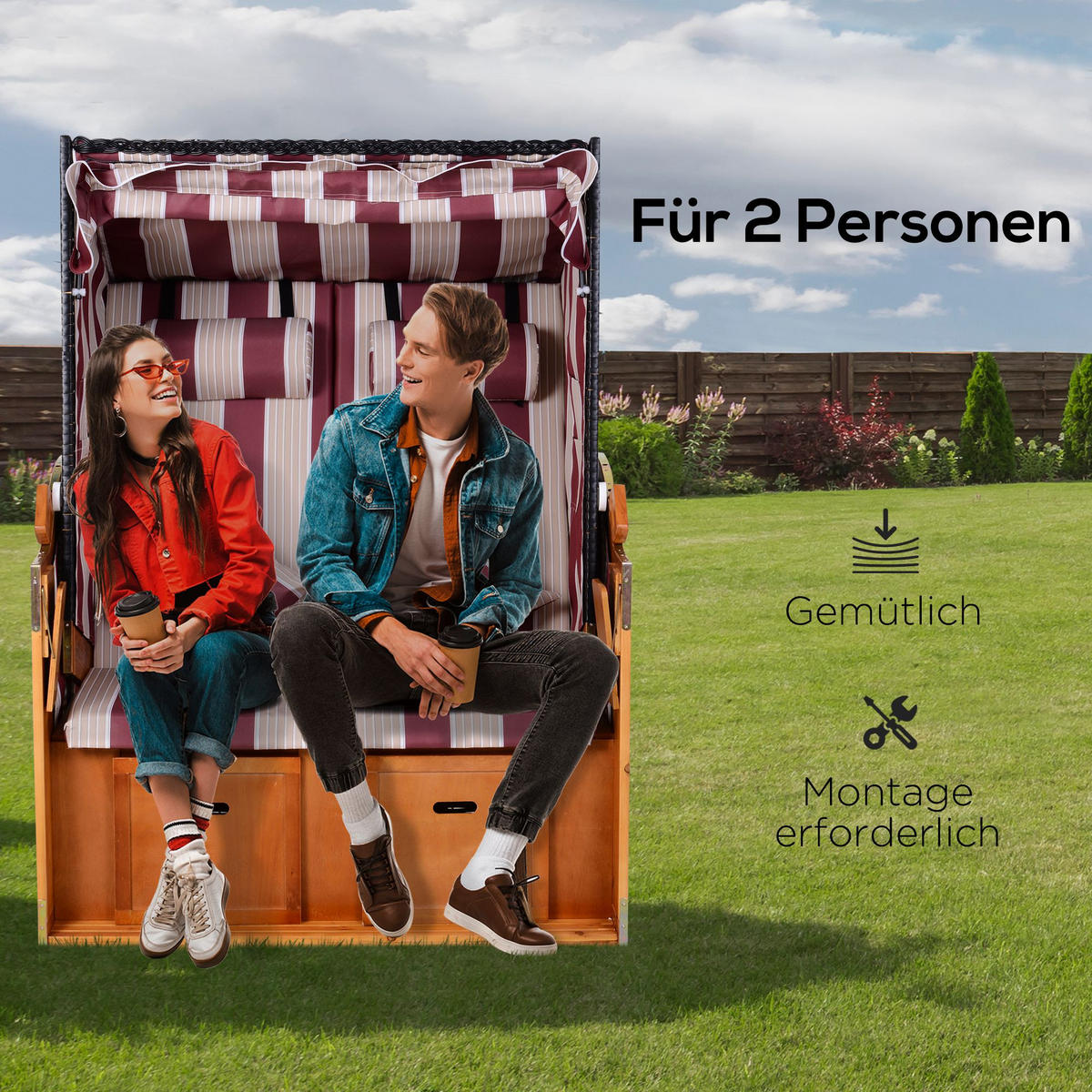 DOPPELTE Sonnenliege mit Dach 5-stufige Rückenlehne PE-Rattan Rot+Weiß 118 x 79 x 160 cm - Weiß, Kunststoff (79/160/118cm) - Outsunny