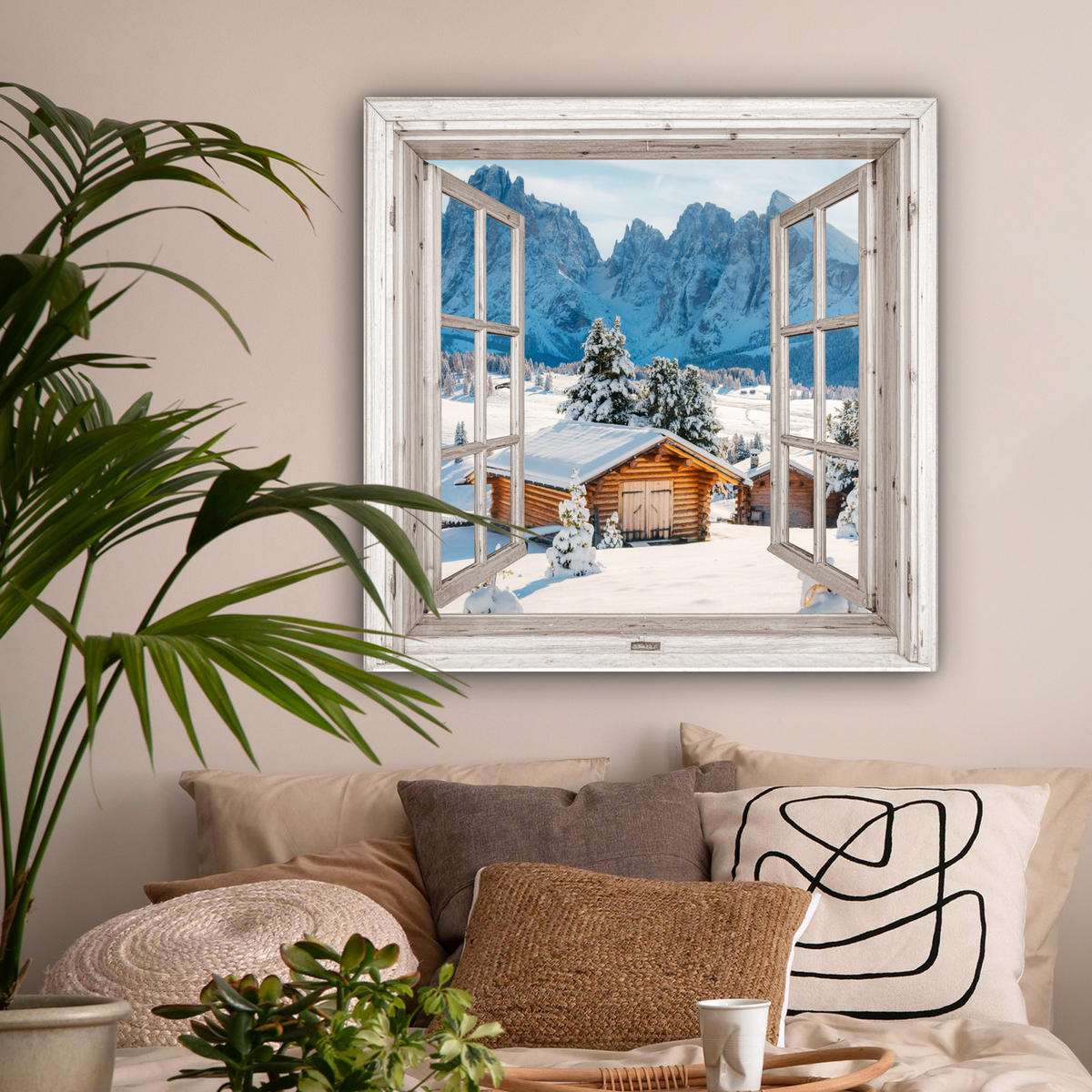 LEINWANDBILD Winterlandschaft - Hütte - Berge - Ausblicke - Aussicht - Natur Deko Groß 90x90 cm - Weiß Hochglanz, Textil (90/90cm) - MuchoWow