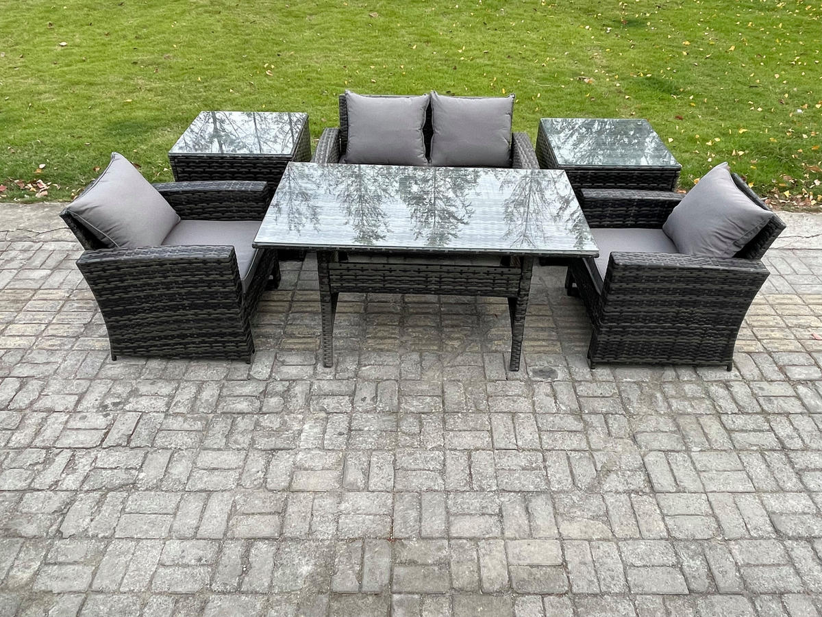GARTENMÖBELSET mit 2 Sesseln,Zweisitzer,Esstisch,2 Beistelltischen Polyrattan Dunkelgrau 4-Sitzer - Dunkelgrau/Grau, Glas/Kunststoff - Fimous