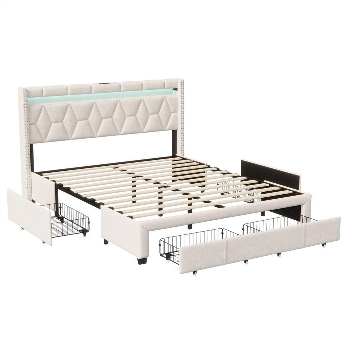 POLSTERBETT 160x200 cm - mit LED-Kopfteil, USB-Ladefunktion und 4 Schubladen - ohne Matratze - Beige - Beige, Textil (160/200cm) - DELFA