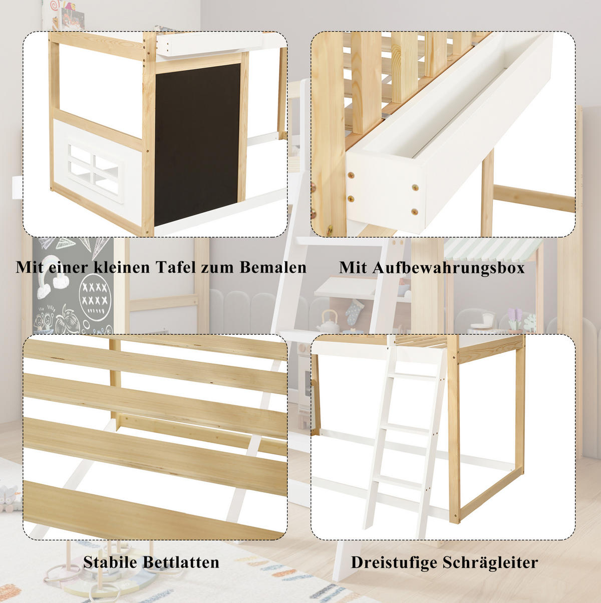 HOCHBETT Kinder 90/200 cm Weiß Natur mit Tafel, Aufbewahrungsbox und Stauraum ohne Matratze - Weiß, Holz (90/200cm) - MIVRAY
