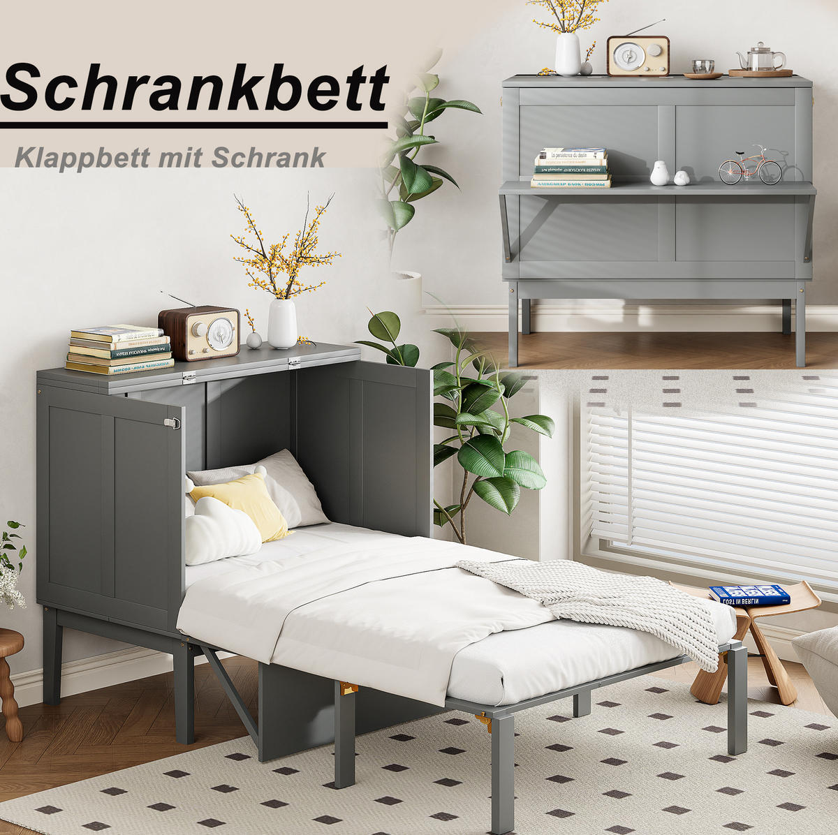SCHRANKBETT vertikal klappbar 90x200 cm Grau - Grau, Holzwerkstoff (90/200cm) - Beauniv