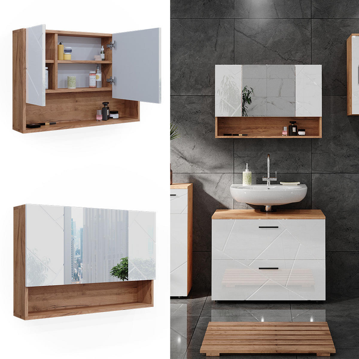 BADSPIEGELSCHRANK Irma Eiche 80.1 x 55 cm - Weiß Hochglanz/Eiche Wotan, Holzwerkstoff (80.1/55/17cm) - Vicco