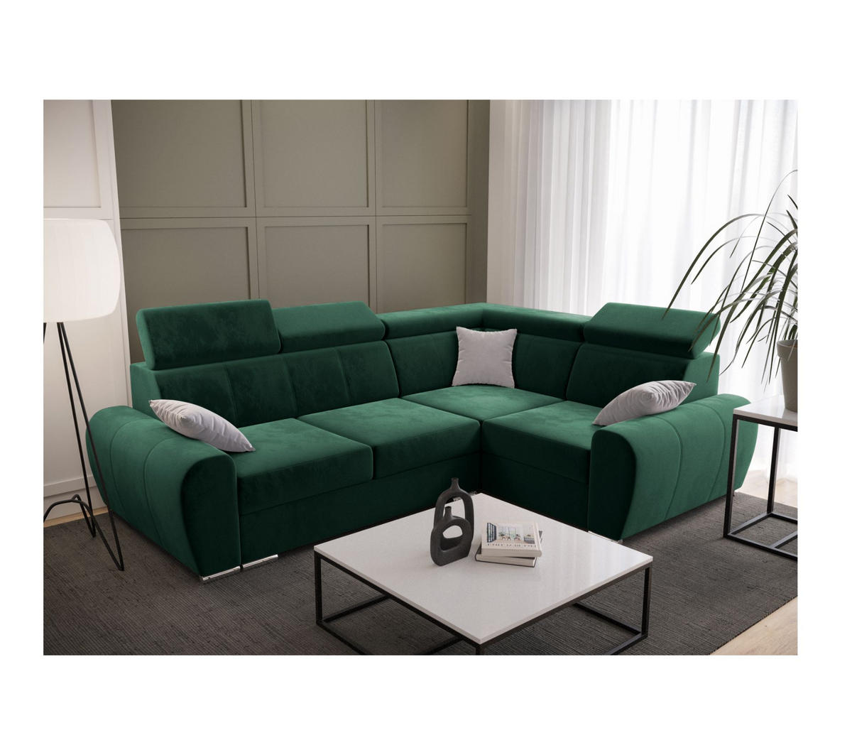 ECKSOFA APOLLO KN08, Eckcouch in L-Form mit Schlaffunktion, Farbe: Grün, Velourstoff, Ottomane Rechts - Grün, Textil (255/190cm) - O-Sofa