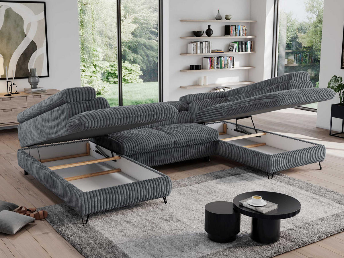 WOHNLANDSCHAFT PEDRO U Cord Dunkelgrau - Dunkelgrau/Schwarz, Textil/Metall (346/76/208cm) - MKS