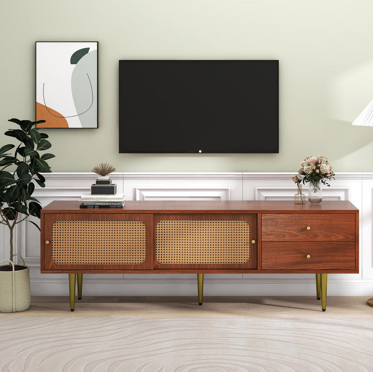 TV ormarić 160/40/60 cm orah od MDF-a s kliznim vratima od ratana i 2 ladice - bijela, drvni materijal (160/60/40cm) - OKWISH