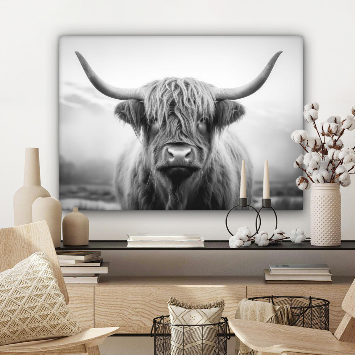 LEINWANDBILD - Schottischer Highlander - Nebel - Schwarz - Weiß - 80x60 - Malerei - Grau, Textil (80/60cm) - MuchoWow