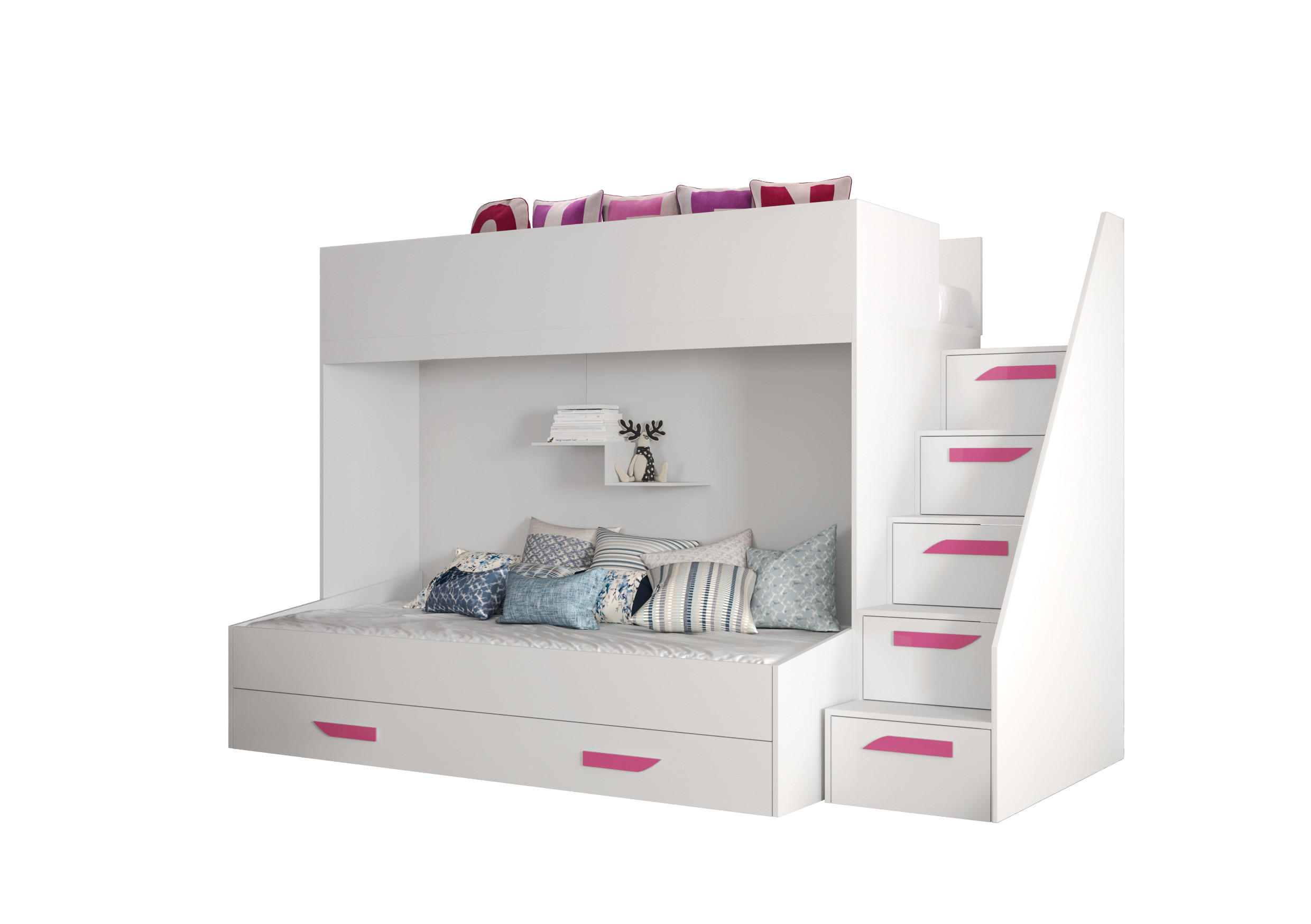Abiks Möbel Etagenbett Weiß, Weiß, Pink 90x200 cm