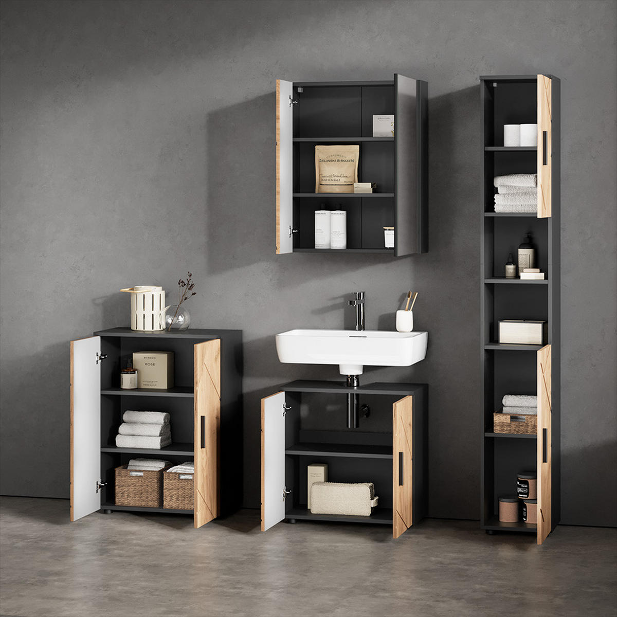 SPIEGELSCHRANK Ronco Anthrazit/Goldkraft Eiche 60 x 75 cm - Anthrazit/Eiche Wotan, Holzwerkstoff (60/75/17.2cm) - Livinity®