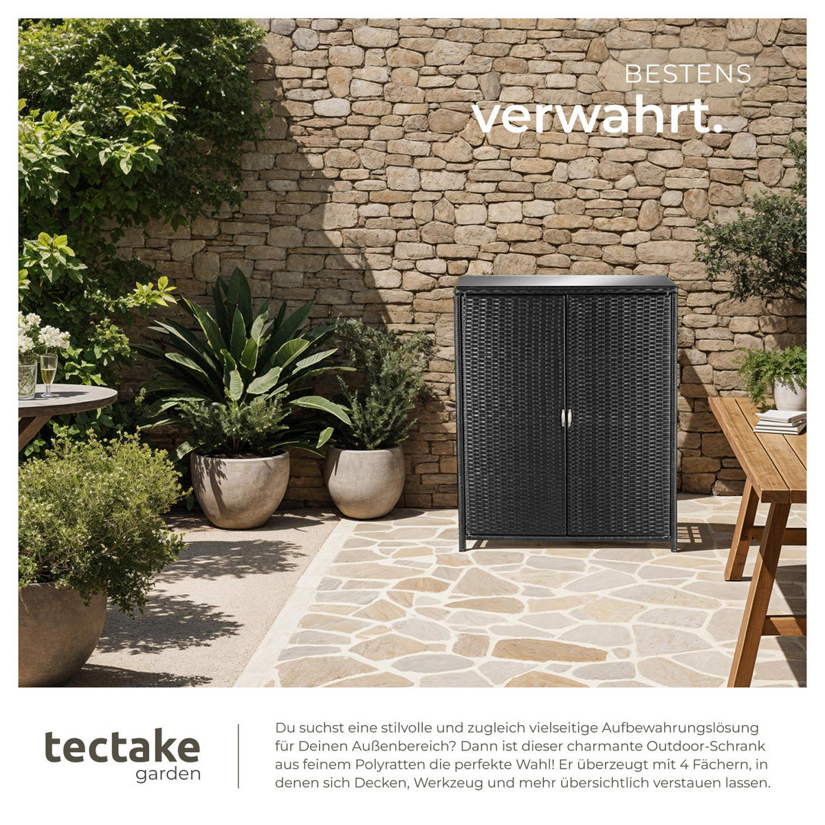 GARTENSCHRANK Monza,84,5 x 40,5 x 103,5 cm,schwarz - Schwarz, Kunststoff (84.5/103.5/40.5cm) - tectake