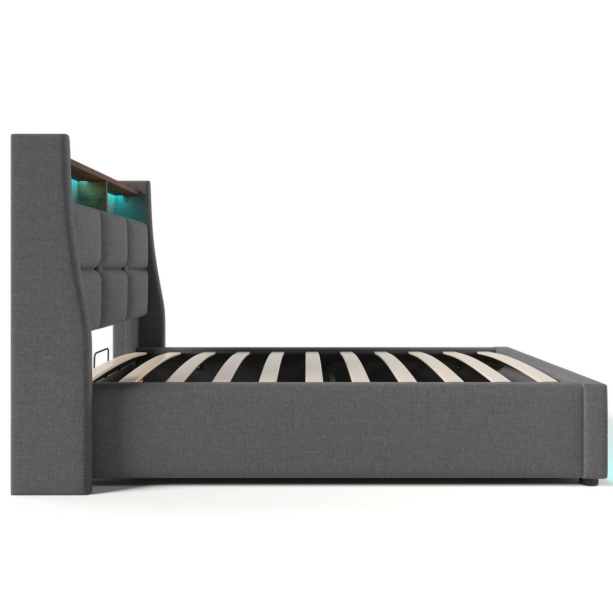 POLSTERBETT 90/200 cm grau aus Leinen mit LED, USB und Stauraum - Grau, Textil (90/200cm) - OKWISH