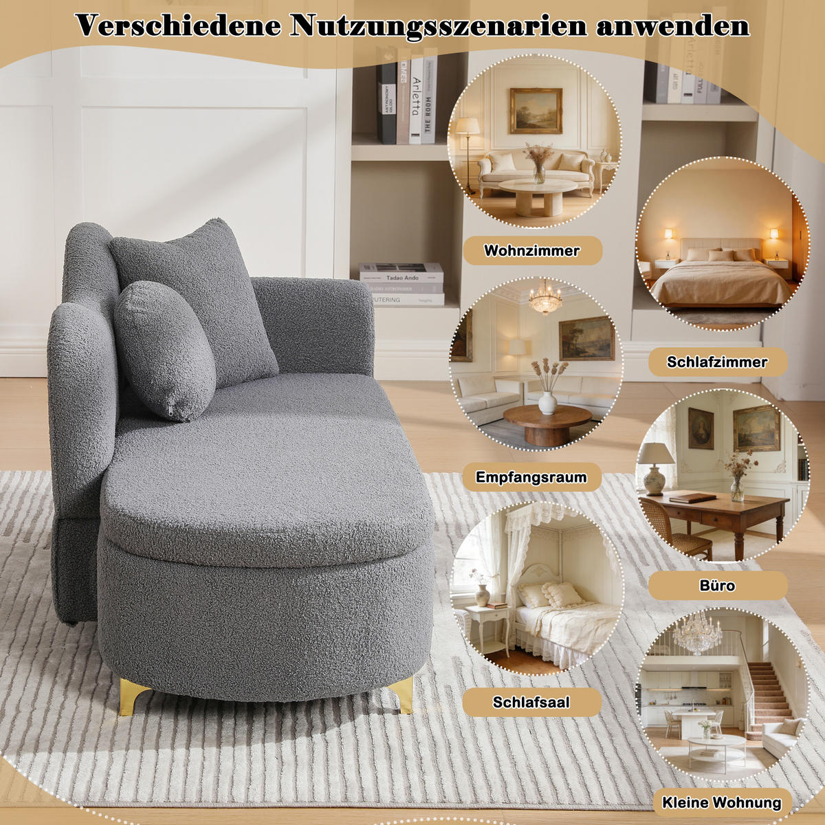 CHAISELONGUE mit Stauraum 134 cm, Teddyplüsch, modernes Design, wellenförmige Rückenlehne, inkl. Lenden- & Nackenkissen - Grau, Textil (64/70/134cm) - Ej. Life