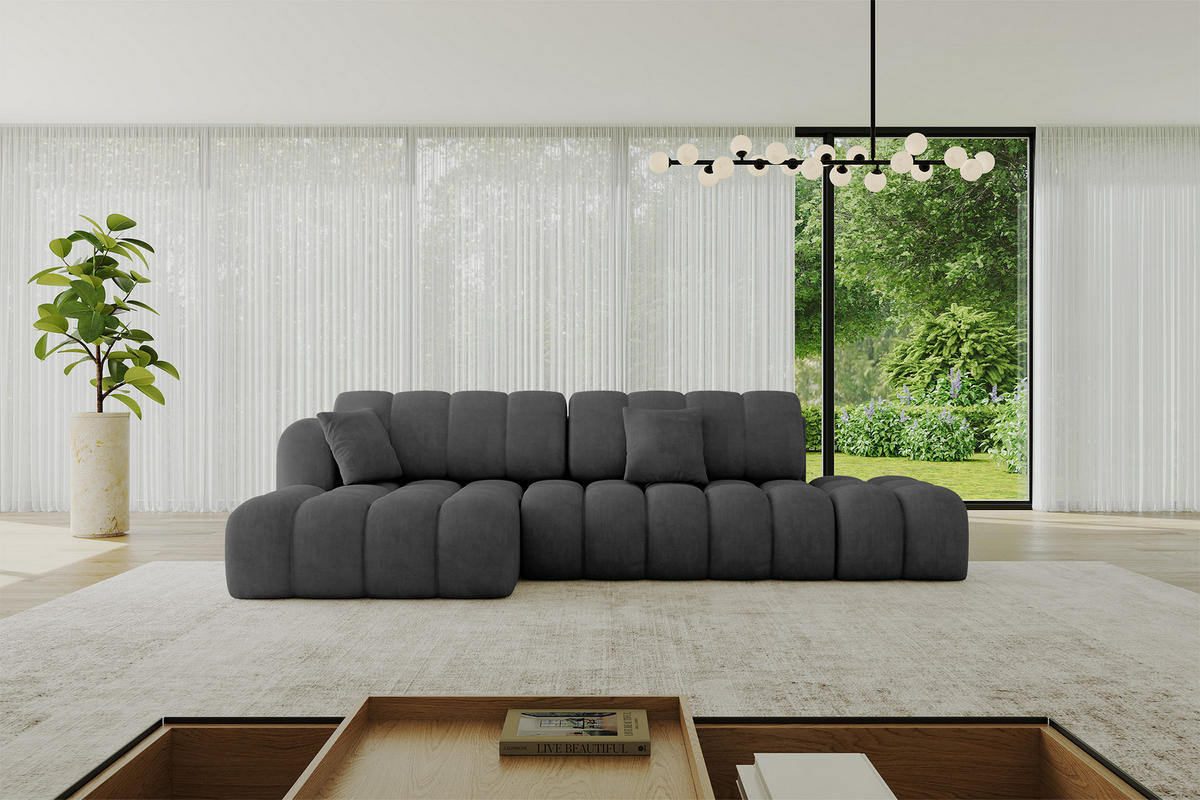 ECKSOFA mit Schlaffunktion Ottomane Links OLEA-L2 321x164x75 Dunkelgrau Velours - Dunkelgrau/Schwarz, Holzwerkstoff/Kunststoff (321/164cm) - ALTDECOR