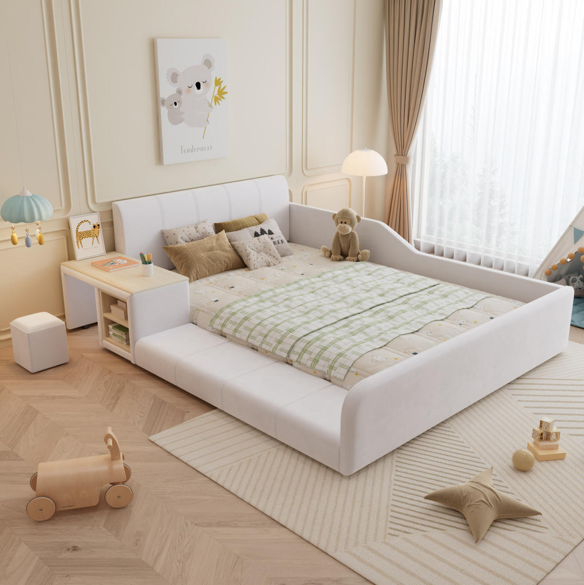 POLSTERBETT 140/200 cm Weiß aus Samt mit Schreibtisch und Hocker - Weiß, Textil (140/200cm) - OKWISH