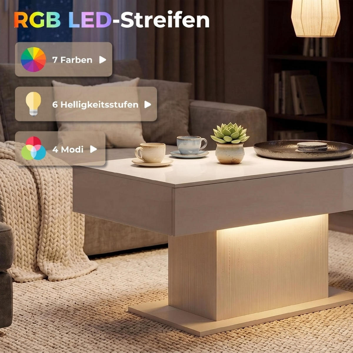 COUCHTISCH DE-37204 mit LED und 2 Schubladen Weiß - Weiß, Holzwerkstoff (108/48/55cm) - ComfortXL