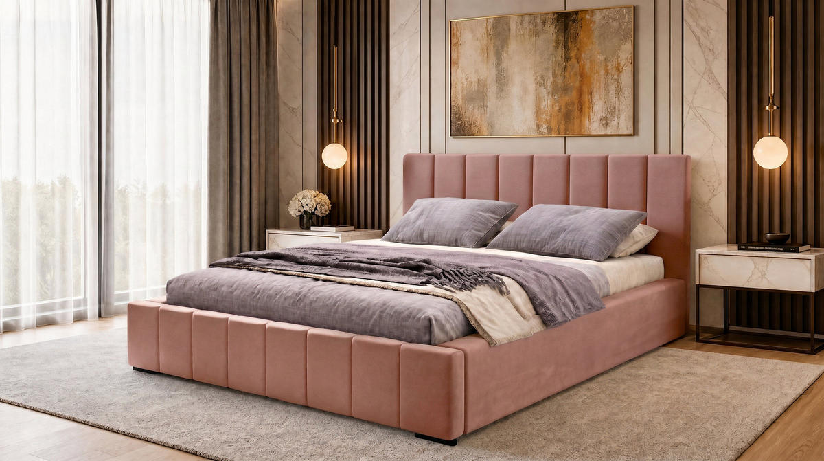 MARPUR Polsterbett NERO 180x200 cm mit Bettkasten und Lattenrost, Rosa - Chromfarben/Rosa, Holz/Holzwerkstoff (180/200cm) - Marpur