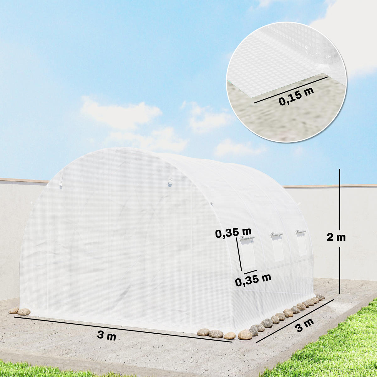 GEWÄCHSHAUSFOLIE DE-05797 mit Rolltür und 6 Fenstern 3 × 3 × 2 m Weiß - Weiß, Kunststoff (300/200/300cm) - ComfortXL