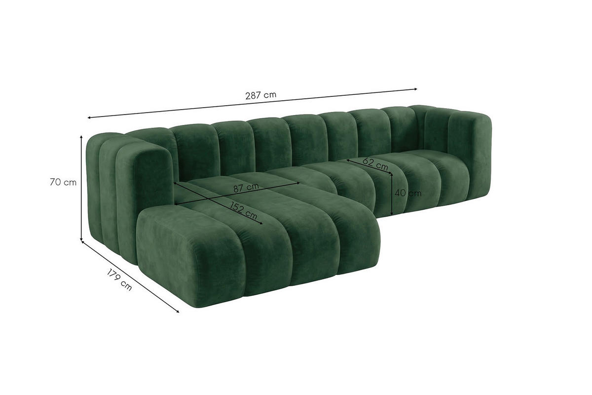 ECKSOFA Modulares In L-Form, Velvet-Stoff Riviera, Grün, Links, GRAND 287 cm - Grün, Holz (287/179cm) - Kaiser Möbel