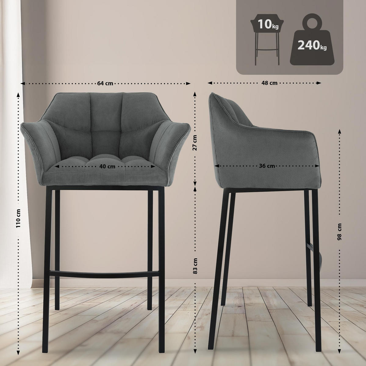 BARHOCKER Damaso 110x64x48 cm grau - Grau, Metall (64/110/48cm) - furnicato
