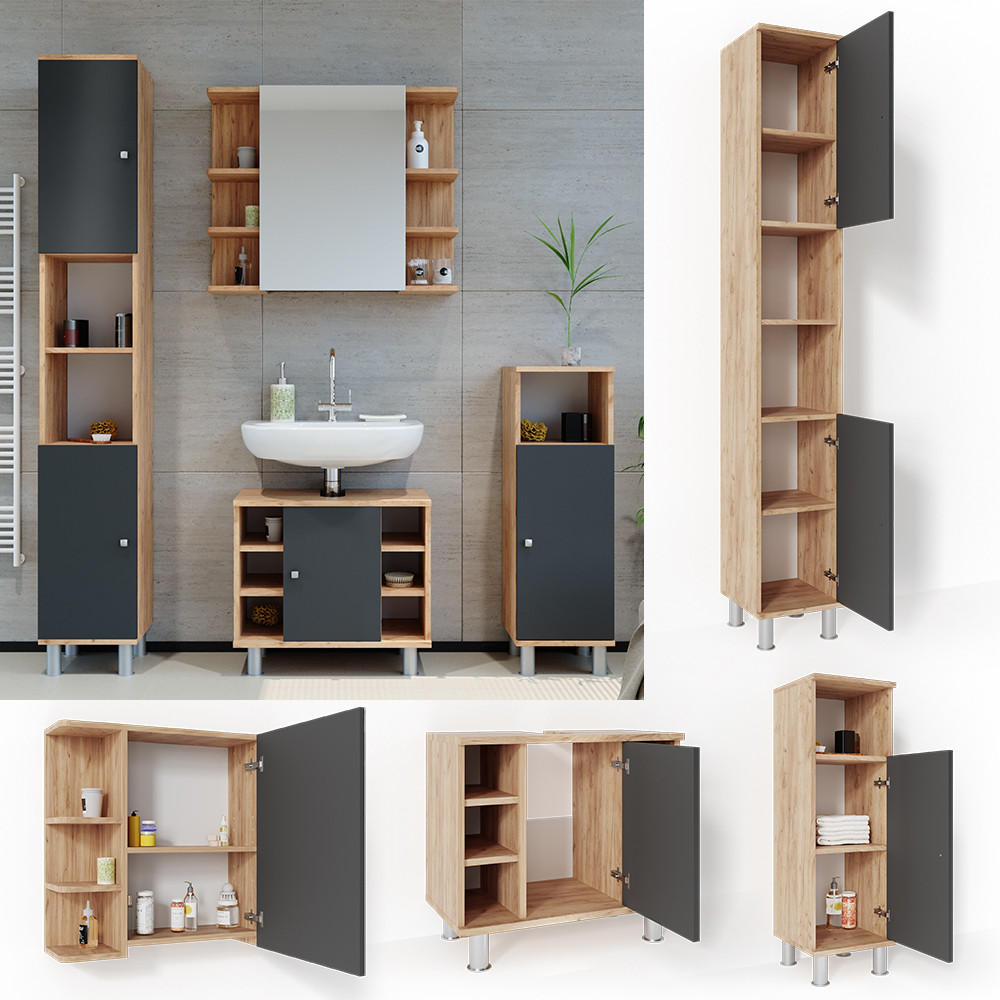 BADMÖBEL-SET Fynn Eiche 4 Teile - Eichefarben/Anthrazit, Holzwerkstoff (60/54/32cm) - Vicco