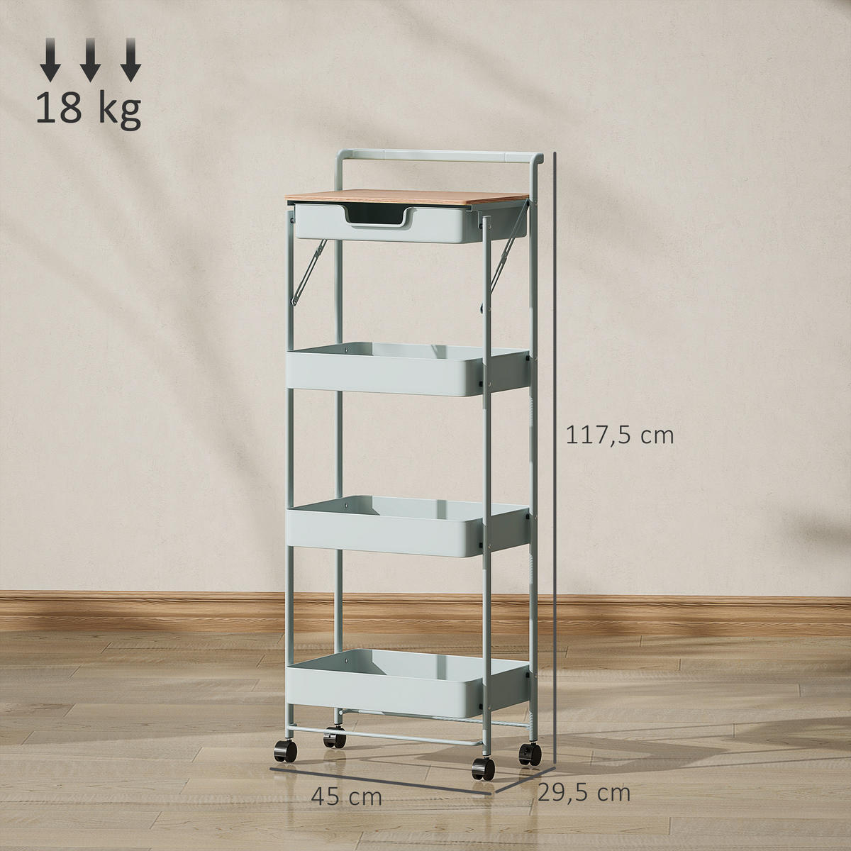 SERVIERWAGEN DE-12452 4 Ebenen mit Schublade und Plateau Grün - Grün, Kunststoff (29.5/117.5/45cm) - ComfortXL