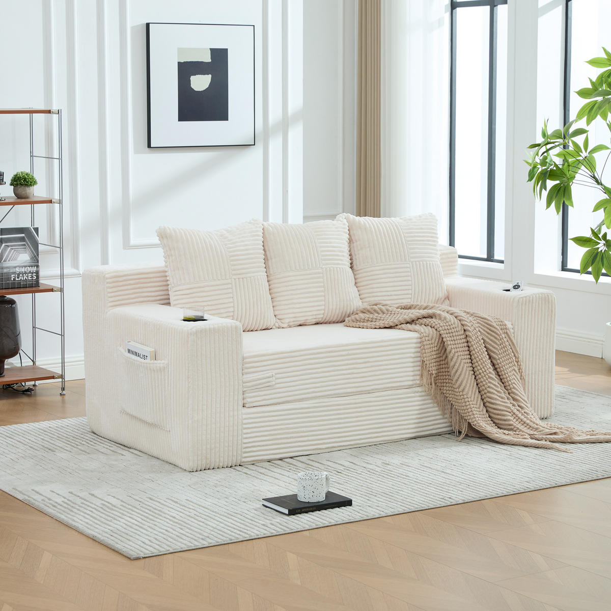 2-SITZER Bodensofa ausklappbar, Getränkehalter/Seitentaschen, Cord, Beige - Beige, Textil (172/64/87cm) - LVHOM