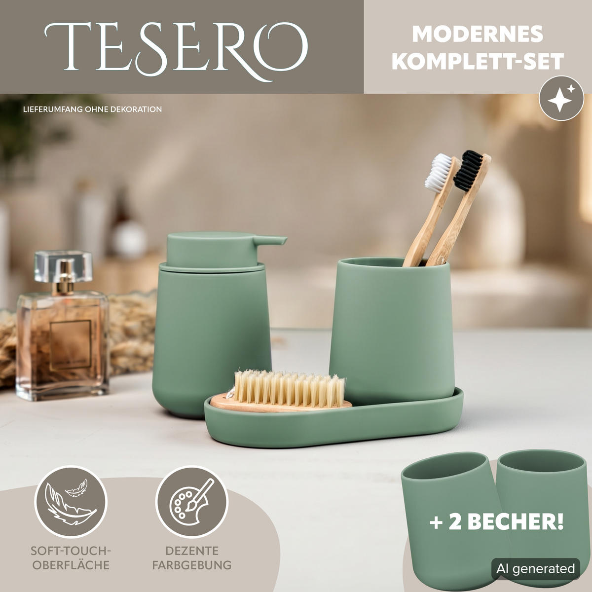 BAD-ACCESSOIRES-SET TESERO 5tlg., Soft-Touch, grün - Grün, Kunststoff (8.5/10.5/9cm) - eluno